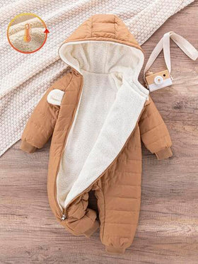 SHEIN جمبسوت رضيع طفل صغير من عمر 0-3 سنوات، مبطنة بالفرو الدافئ مطرزة بالدب، جمبسوت قطيفة بأذن الدب، ملابس خارجية للخريف/الشتاء