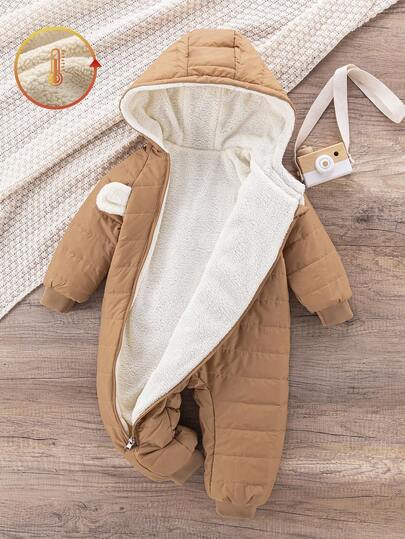 SHEIN جمبسوت رضيع طفل صغير من عمر 0-3 سنوات، مبطنة بالفرو الدافئ مطرزة بالدب، جمبسوت قطيفة بأذن الدب، ملابس خارجية للخريف/الشتاء