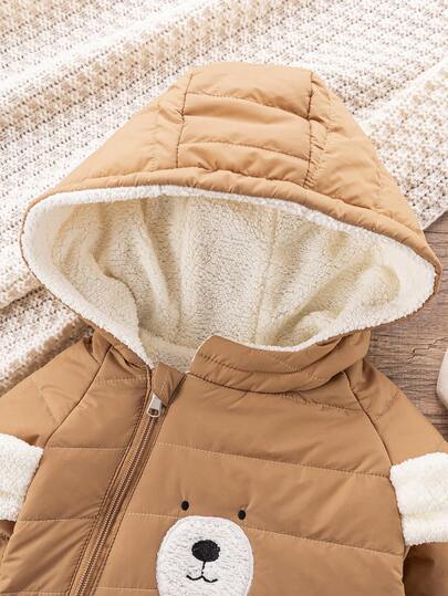 SHEIN جمبسوت رضيع طفل صغير من عمر 0-3 سنوات، مبطنة بالفرو الدافئ مطرزة بالدب، جمبسوت قطيفة بأذن الدب، ملابس خارجية للخريف/الشتاء