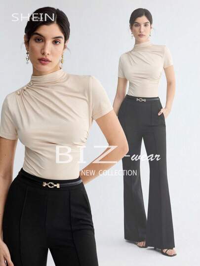 BizChic ملابس علوية نسائي بياقة عالية وأكمام قصيرة مطوية، قطعة أساسية مناسبة للخروجات والمكتب والملابس الرسمية الكاجوال، للخريف