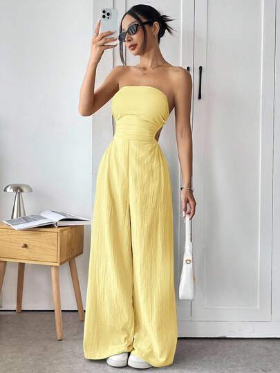 SHEIN EZwear جمبسوت قطن مضفر للنساء بأكتاف مكشوفة وظهر مكشوف، ملابس سياحية مريحة للصيف