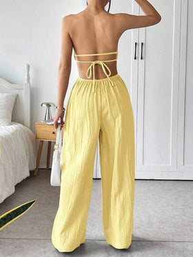SHEIN EZwear جمبسوت قطن مضفر للنساء بأكتاف مكشوفة وظهر مكشوف، ملابس سياحية مريحة للصيف