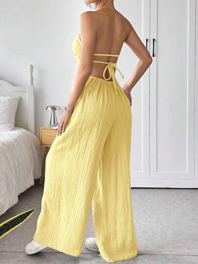 SHEIN EZwear جمبسوت قطن مضفر للنساء بأكتاف مكشوفة وظهر مكشوف، ملابس سياحية مريحة للصيف