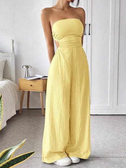 SHEIN EZwear جمبسوت قطن مضفر للنساء بأكتاف مكشوفة وظهر مكشوف، ملابس سياحية مريحة للصيف