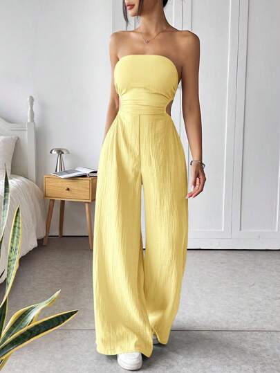 SHEIN EZwear جمبسوت قطن مضفر للنساء بأكتاف مكشوفة وظهر مكشوف، ملابس سياحية مريحة للصيف