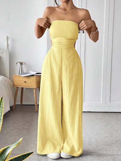 SHEIN EZwear جمبسوت قطن مضفر للنساء بأكتاف مكشوفة وظهر مكشوف، ملابس سياحية مريحة للصيف