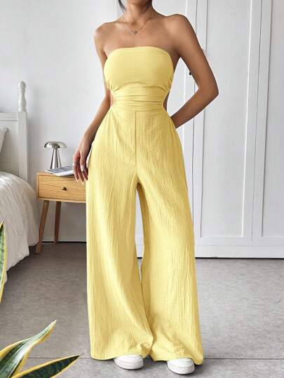 SHEIN EZwear جمبسوت قطن مضفر للنساء بأكتاف مكشوفة وظهر مكشوف، ملابس سياحية مريحة للصيف