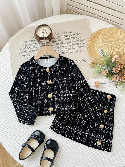 SHEIN Firerie Kids طقم جاكيت كم طويل وتنورة ضيقة قصيرة للفتاة الشابة بطراز شيك حضري