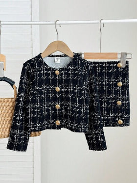 SHEIN Firerie Kids طقم جاكيت كم طويل وتنورة ضيقة قصيرة للفتاة الشابة بطراز شيك حضري