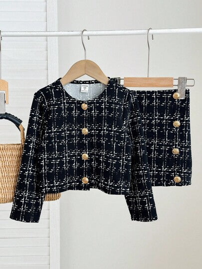 SHEIN Firerie Kids طقم جاكيت كم طويل وتنورة ضيقة قصيرة للفتاة الشابة بطراز شيك حضري