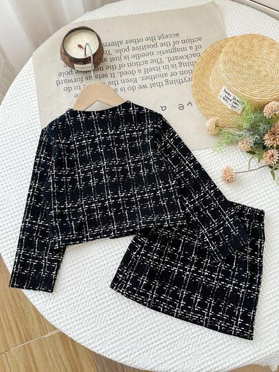 SHEIN Firerie Kids طقم جاكيت كم طويل وتنورة ضيقة قصيرة للفتاة الشابة بطراز شيك حضري