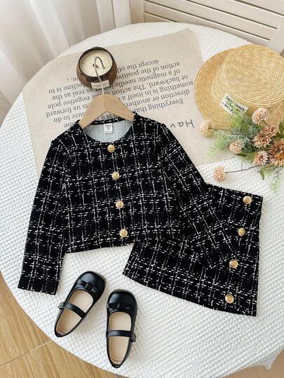 SHEIN Firerie Kids طقم جاكيت كم طويل وتنورة ضيقة قصيرة للفتاة الشابة بطراز شيك حضري