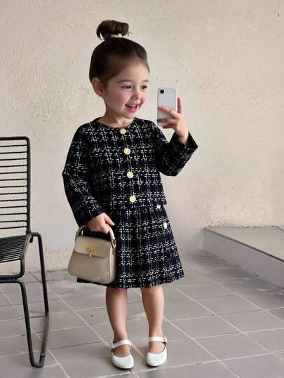 SHEIN Firerie Kids طقم جاكيت كم طويل وتنورة ضيقة قصيرة للفتاة الشابة بطراز شيك حضري
