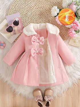 SHEIN معطف ترنش مزين بياقة فرائية وفيونكة للبنات، خريف/شتاء