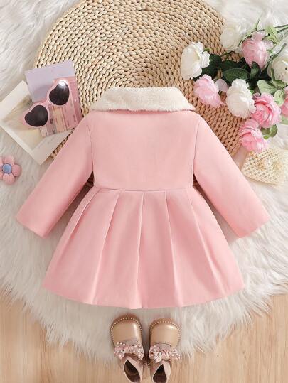 SHEIN معطف ترنش مزين بياقة فرائية وفيونكة للبنات، خريف/شتاء