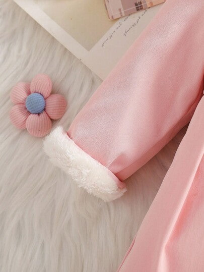 SHEIN معطف ترنش مزين بياقة فرائية وفيونكة للبنات، خريف/شتاء