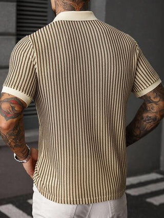 Manfinity Mode قميص بولو كاجوال قصير الأكمام للرجال، قميص بولو مُحبوك صيفي للرجال، قميص محبوك للرجال، قميص رجالي بني وأبيض مخطط، قميص كروشيه للرجال، بطراز عتيق