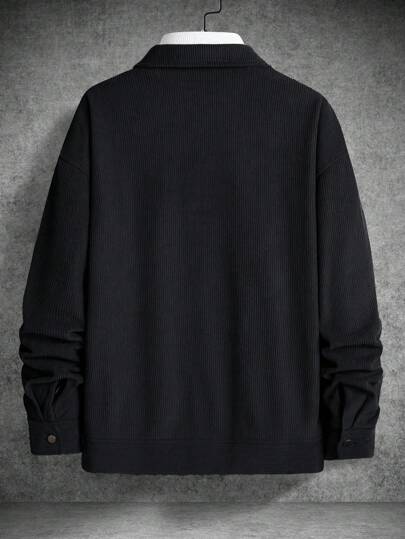 Manfinity Homme جاكيت رجالية فضفاضة من الكوردروي مع جيوب قابلة للطي وكتف منخفض، جاكيت كوردروي رجالية، قميص كوردروي رجالي، جاكيت شارع رجالية، قميص أسود رجالي، شاكيت كوردروي رجالي