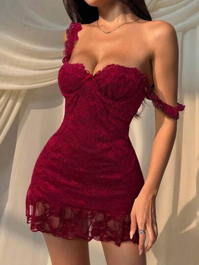 SHEIN EZwear فستان قصير أنيق بدون أكمام مع زخرفة وردية من الدانتيل البرغندي