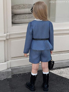 Elladie kids مجموعة جاكيت وشورت للفتيات الصغيرات، بأكمام منتفخة وتصميم ألوان متباينة وطبعات زهور جاكارد، مع كشكشة على الحافة، مناسبة للربيع والخريف، قطعتان