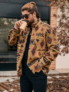 Manfinity Homme جاكيت رجالية بجيب وأزرار بنمط هندسي، مناسبة للخريف والشتاء، هدية للصديق، جاكيت دافئة للشتاء، جاكيت رجالية للخريف والشتاء، جاكيت من الفليس المرجاني، مناسبة لعيد الميلاد
