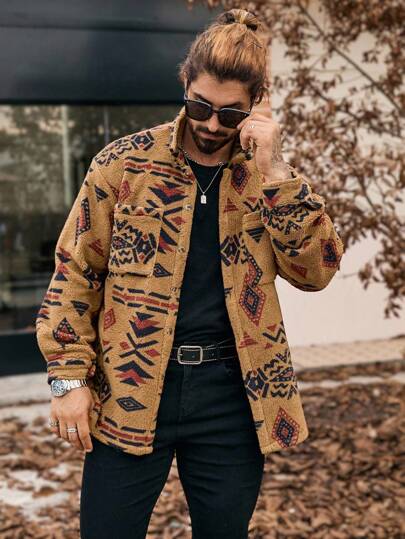 Manfinity Homme جاكيت رجالية بجيب وأزرار بنمط هندسي، مناسبة للخريف والشتاء، هدية للصديق، جاكيت دافئة للشتاء، جاكيت رجالية للخريف والشتاء، جاكيت من الفليس المرجاني، مناسبة لعيد الميلاد