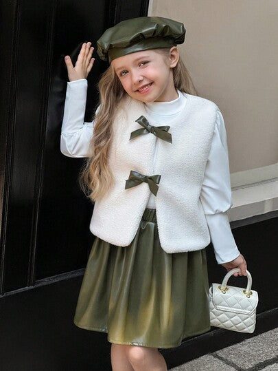 SHEIN Elladie kids طقم ملابس خريفي/شتوي للفتيات الصغيرات يتكون من: قبعة جلد خضراء، توب أبيض طويل الأكمام مريح، سترة فليس بيضاء، تنورة جلد خضراء