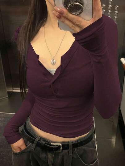DAZY قميص تي شيرت طويل الأكمام مناسب للنساء، أحادي اللون، أزرار، مناسب للربيع والصيف والخريف
