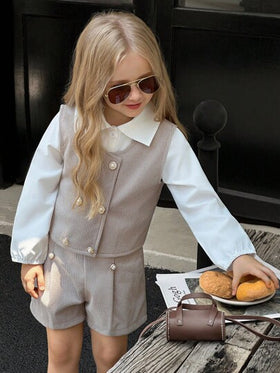 SHEIN Elladie kids 3 قطع بلوزة كاجوال بأكمام طويلة وياقة للبنات الصغيرات، جاكيت جاكيت مزينة بأزرار اللؤلؤ، مجموعة شورت، ملابس أطفال بطراز عصري، للربيع/الخريف والشتاء