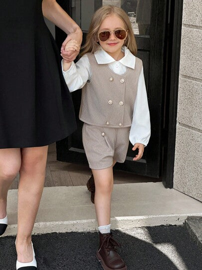 SHEIN Elladie kids 3 قطع بلوزة كاجوال بأكمام طويلة وياقة للبنات الصغيرات، جاكيت جاكيت مزينة بأزرار اللؤلؤ، مجموعة شورت، ملابس أطفال بطراز عصري، للربيع/الخريف والشتاء