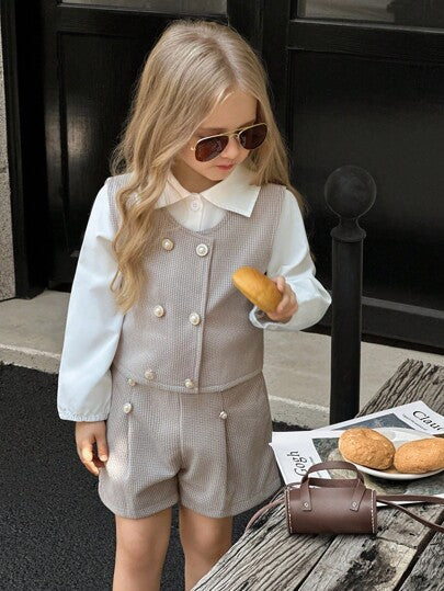 SHEIN Elladie kids 3 قطع بلوزة كاجوال بأكمام طويلة وياقة للبنات الصغيرات، جاكيت جاكيت مزينة بأزرار اللؤلؤ، مجموعة شورت، ملابس أطفال بطراز عصري، للربيع/الخريف والشتاء