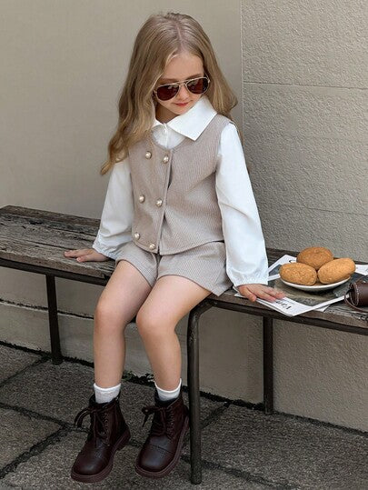 SHEIN Elladie kids 3 قطع بلوزة كاجوال بأكمام طويلة وياقة للبنات الصغيرات، جاكيت جاكيت مزينة بأزرار اللؤلؤ، مجموعة شورت، ملابس أطفال بطراز عصري، للربيع/الخريف والشتاء
