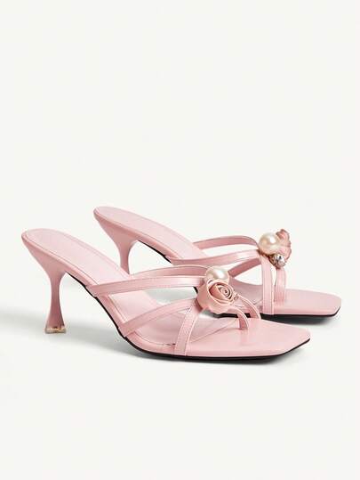 CUCCOO CHICEST صنادل نسائية أنيقة بتصميم زهري، وردي، لؤلؤي، بحزام متقاطع، أصبع مربع، كعب رفيع، أحذية فستان سهلة الارتداء، مناسبة للعرائس وصديقات العروس وضيوف الزفاف، مناسبة للربيع/الصيف، المواعيد، الحفلات، العطلات