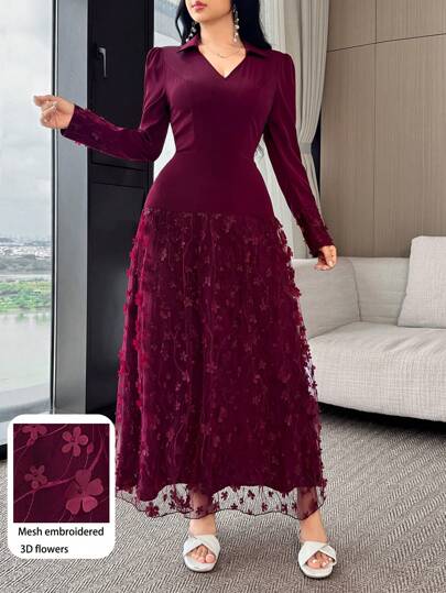 Modelyn فستان أنيق للسيدات بتصميم شبكي نسيج مزخرف بنقوش زهور ثلاثية الأبعاد