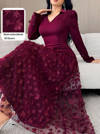 Modelyn فستان أنيق للسيدات بتصميم شبكي نسيج مزخرف بنقوش زهور ثلاثية الأبعاد