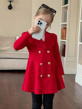 Emery Rose Kids Emery Rose Kids معطف مناسب للفتيات الصغيرات بتصميم لون أحادي، ياقة صدر مزدوجة الصدر، مناسب للارتداء اليومي والخارجي، مناسب للربيع/الخريف/الشتاء