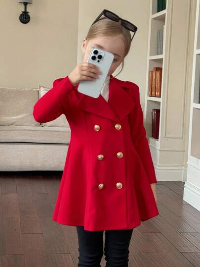 Emery Rose Kids Emery Rose Kids معطف مناسب للفتيات الصغيرات بتصميم لون أحادي، ياقة صدر مزدوجة الصدر، مناسب للارتداء اليومي والخارجي، مناسب للربيع/الخريف/الشتاء