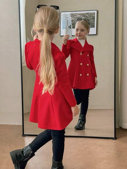 Emery Rose Kids Emery Rose Kids معطف مناسب للفتيات الصغيرات بتصميم لون أحادي، ياقة صدر مزدوجة الصدر، مناسب للارتداء اليومي والخارجي، مناسب للربيع/الخريف/الشتاء
