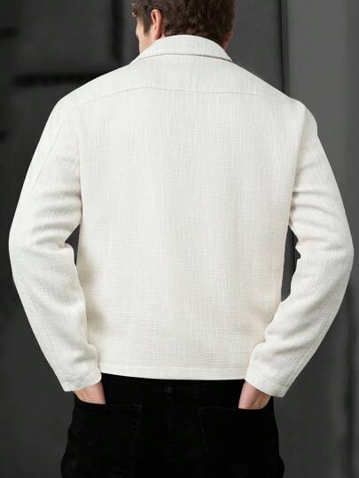 Manfinity Homme معطف كاجوال طويل الأكمام بسحاب للرجال، لون أبيض خفيف الوزن للربيع، للخريف والشتاء