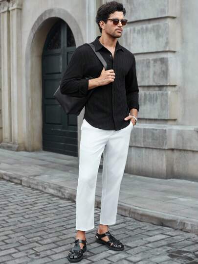 Manfinity CasualCool ملابس علوية رجالي أحادي الصدر بنمط هندسي ملمس كاجوال أسود بأكمام طويلة، ملابس علوية خريف جديد لعام 2025 مناسب لمناسبات متنوعة مثل التنقل والمواعدة الكاجوال والأعمال. إنه ملابس علوية بأكمام طويلة للخروج في فصل الخريف