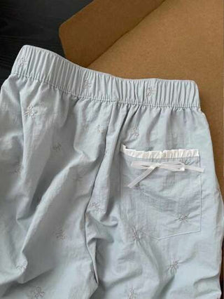 Comfortcana سراويل نسائية من القماش المنسوج مطرزة بفيونكة باللون الأزرق الكحلي