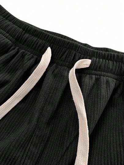 بنطلون نسائي مستقيم الساق من الكوردروي مع خصر مطاطي وسحاب، مناسب للارتداء اليومي والرياضة والتنزه، باللون الأسود