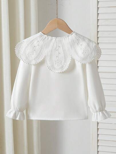 SHEIN Playful Pals قميص أنيق للبنات مطرز بزهور على الياقة والأكمام، أكمام طويلة وأمامي بأزرار، قميص كاجوال أميري، مناسب للمدرسة والعطلات والسفر وحفلات عيد الميلاد، مناسب للربيع والخريف