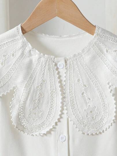 SHEIN Playful Pals قميص أنيق للبنات مطرز بزهور على الياقة والأكمام، أكمام طويلة وأمامي بأزرار، قميص كاجوال أميري، مناسب للمدرسة والعطلات والسفر وحفلات عيد الميلاد، مناسب للربيع والخريف