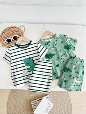 SHEIN مجموعة بيجامات مريحة وكاجوال للأطفال الصبيان 2 قطعة، مناسبة لصيف الأطفال الصبيان، بيجامات صبيان بطبعات ديناصور، بيجامات صيفية للأطفال الصبيان، ملابس ديناصور للأطفال الصبيان، ملابس نوم للأطفال الصبيان
