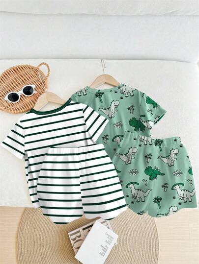 SHEIN مجموعة بيجامات مريحة وكاجوال للأطفال الصبيان 2 قطعة، مناسبة لصيف الأطفال الصبيان، بيجامات صبيان بطبعات ديناصور، بيجامات صيفية للأطفال الصبيان، ملابس ديناصور للأطفال الصبيان، ملابس نوم للأطفال الصبيان