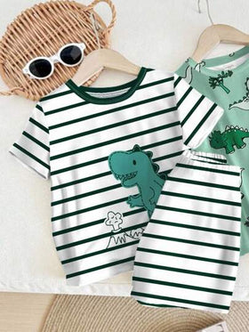 SHEIN مجموعة بيجامات مريحة وكاجوال للأطفال الصبيان 2 قطعة، مناسبة لصيف الأطفال الصبيان، بيجامات صبيان بطبعات ديناصور، بيجامات صيفية للأطفال الصبيان، ملابس ديناصور للأطفال الصبيان، ملابس نوم للأطفال الصبيان