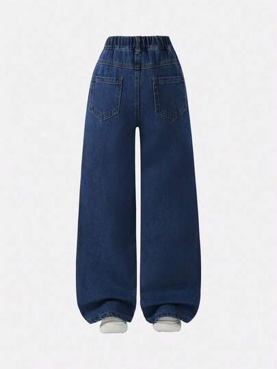 بنطلون جينز مستقيم الساق مغسول مطبوع بنقشة الزهور للبنات، أزرق داكن، وصول جديد للخريف/الشتاء