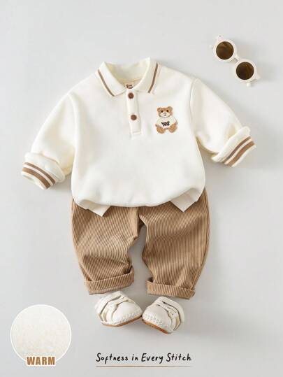 Cozy Pixies مجموعة بنطلون وبلوزة كارتون دب للأطفال الصبيان، بلوزة كم طويل رقبة طاقم ناعمة مصنوعة من الأكريليك، وبنطلون خصر مطاطي، 2 قطعة
