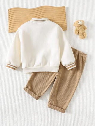 Cozy Pixies مجموعة بنطلون وبلوزة كارتون دب للأطفال الصبيان، بلوزة كم طويل رقبة طاقم ناعمة مصنوعة من الأكريليك، وبنطلون خصر مطاطي، 2 قطعة